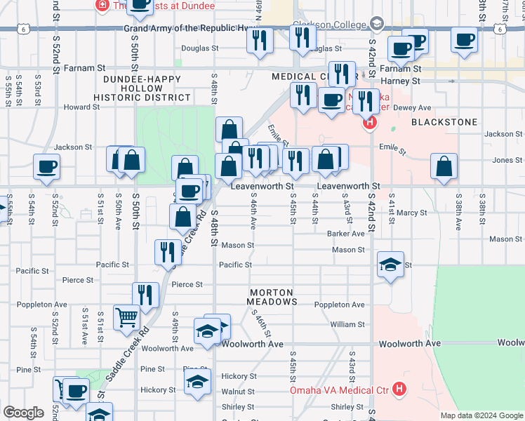 map of restaurants, bars, coffee shops, grocery stores, and more near 4537 Marcy Street in Omaha