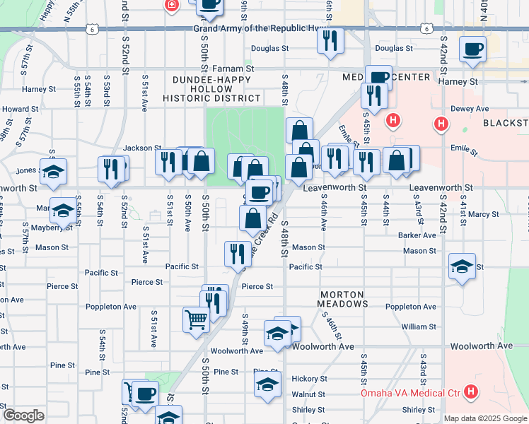 map of restaurants, bars, coffee shops, grocery stores, and more near 888 South Saddle Creek Road in Omaha