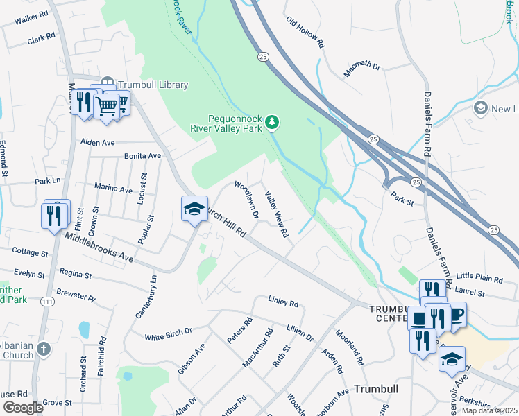 map of restaurants, bars, coffee shops, grocery stores, and more near 40 Valley View Road in Trumbull