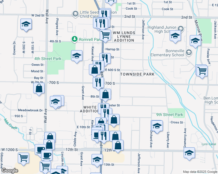 map of restaurants, bars, coffee shops, grocery stores, and more near 710 Washington Boulevard in Ogden