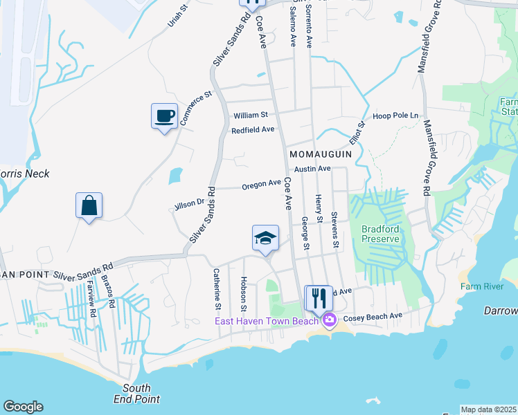 map of restaurants, bars, coffee shops, grocery stores, and more near 164 Coe Avenue in East Haven