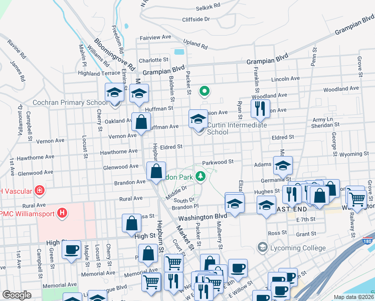 map of restaurants, bars, coffee shops, grocery stores, and more near 70-80 Eldred Street in Williamsport