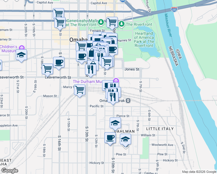map of restaurants, bars, coffee shops, grocery stores, and more near 913 South 10th Street in Omaha