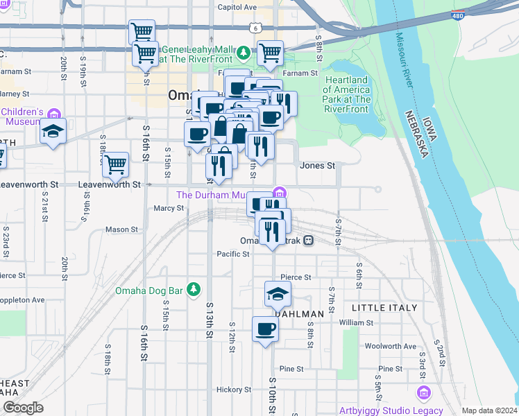 map of restaurants, bars, coffee shops, grocery stores, and more near 909 South 10th Court in Omaha
