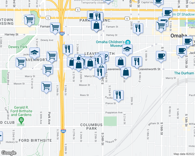 map of restaurants, bars, coffee shops, grocery stores, and more near 834 South 24th Street in Omaha