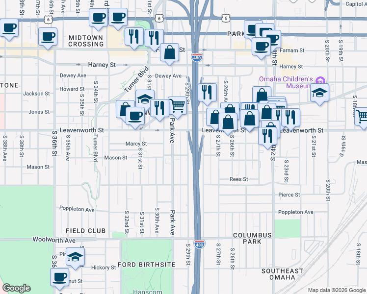 map of restaurants, bars, coffee shops, grocery stores, and more near 828 South 29th Street in Omaha