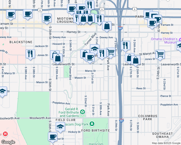 map of restaurants, bars, coffee shops, grocery stores, and more near 3115 Marcy Street in Omaha