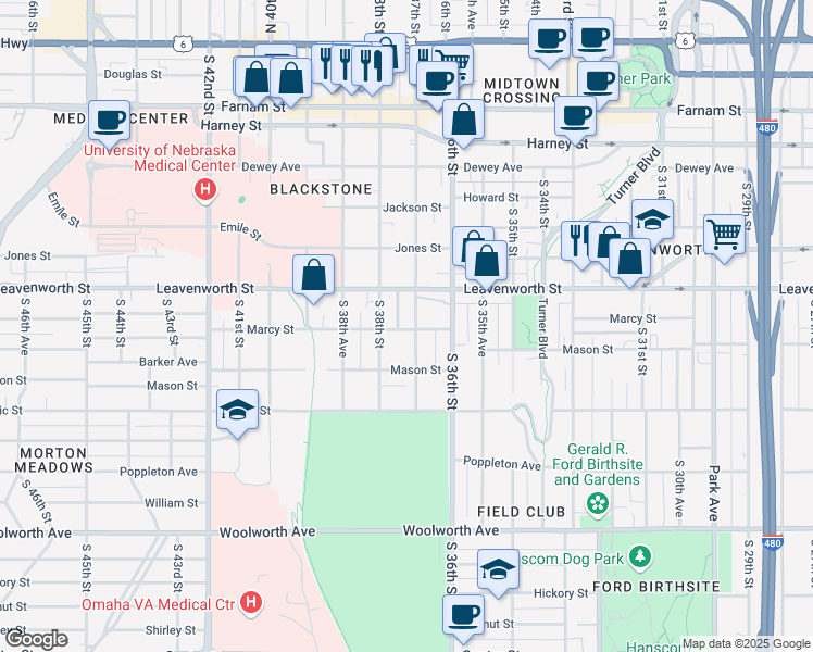 map of restaurants, bars, coffee shops, grocery stores, and more near 3720 Marcy Street in Omaha