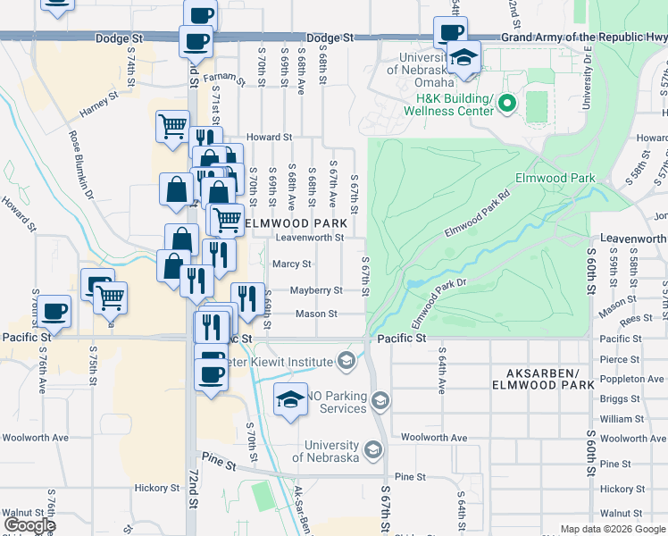 map of restaurants, bars, coffee shops, grocery stores, and more near 819 South 67th Avenue in Omaha