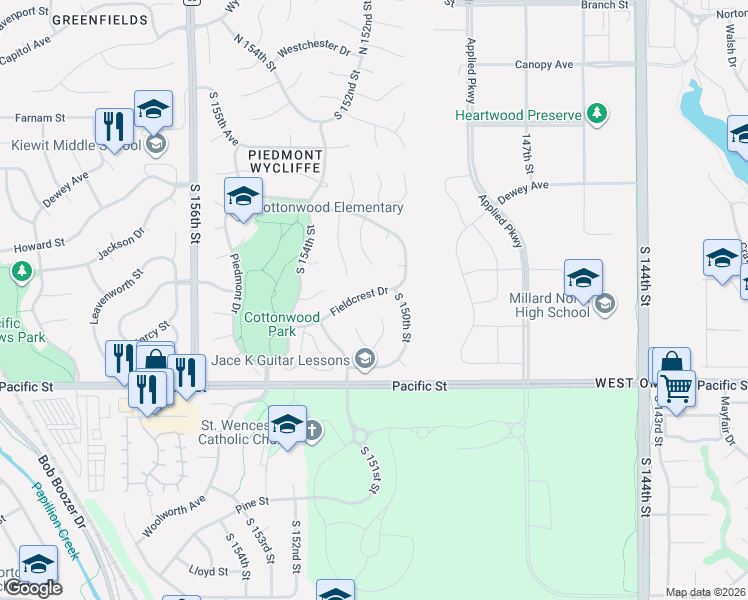 map of restaurants, bars, coffee shops, grocery stores, and more near 15023 Fieldcrest Drive in Omaha