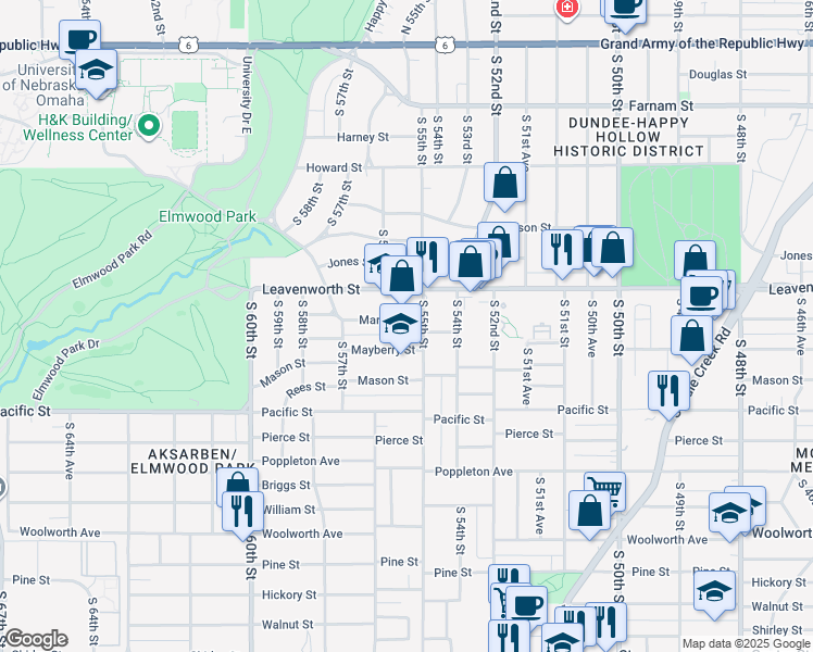 map of restaurants, bars, coffee shops, grocery stores, and more near 5514 Marcy Street in Omaha