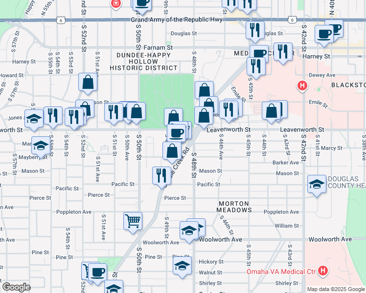 map of restaurants, bars, coffee shops, grocery stores, and more near 888 South Saddle Creek Road in Omaha