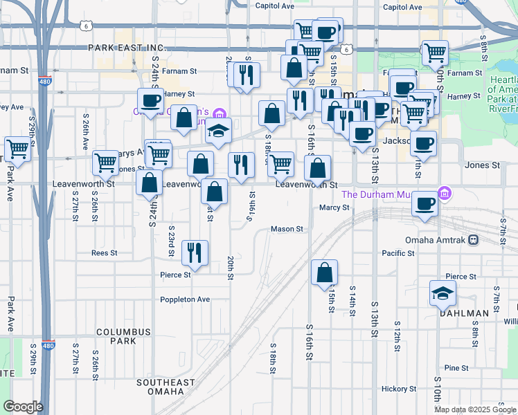 map of restaurants, bars, coffee shops, grocery stores, and more near 905 South 19th Street in Omaha
