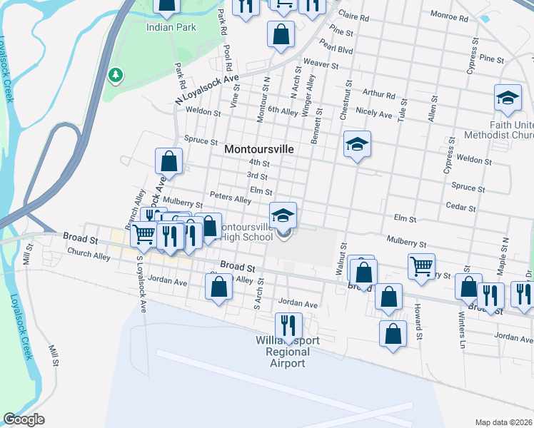 map of restaurants, bars, coffee shops, grocery stores, and more near 201 North Arch Street in Montoursville