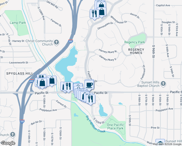 map of restaurants, bars, coffee shops, grocery stores, and more near 10102 Fieldcrest Drive in Omaha