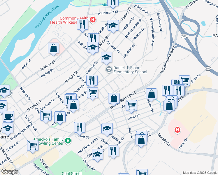 map of restaurants, bars, coffee shops, grocery stores, and more near 39 Custer Street in Wilkes-Barre