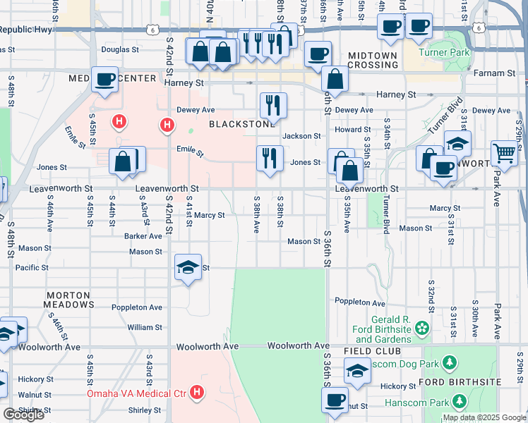 map of restaurants, bars, coffee shops, grocery stores, and more near 3818 Marcy Street in Omaha