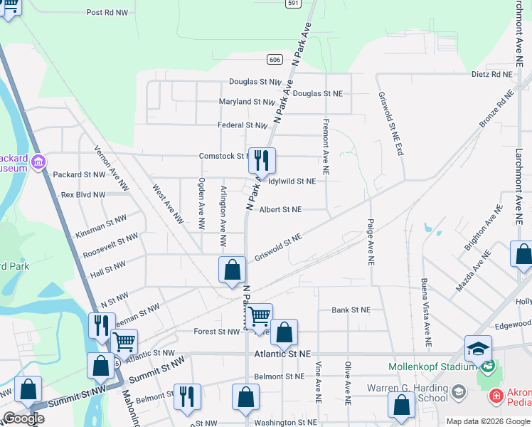 map of restaurants, bars, coffee shops, grocery stores, and more near 156 Albert Street Northeast in Warren
