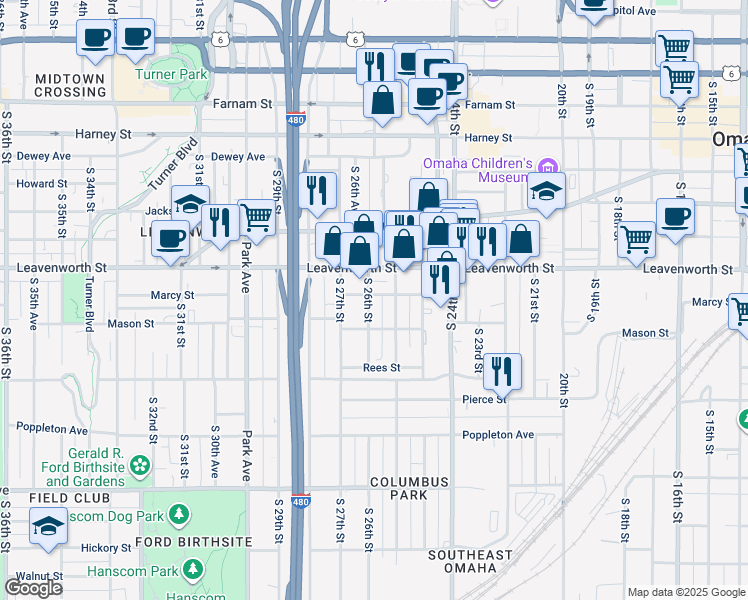 map of restaurants, bars, coffee shops, grocery stores, and more near 2567 Marcy Street in Omaha