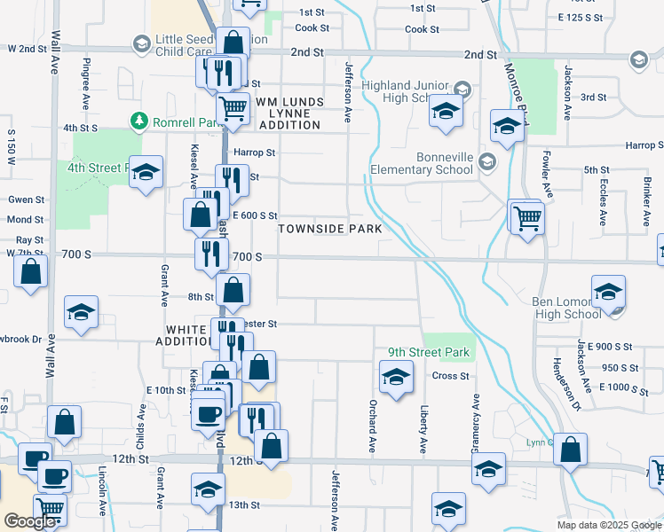map of restaurants, bars, coffee shops, grocery stores, and more near 581 East 700 South in Ogden