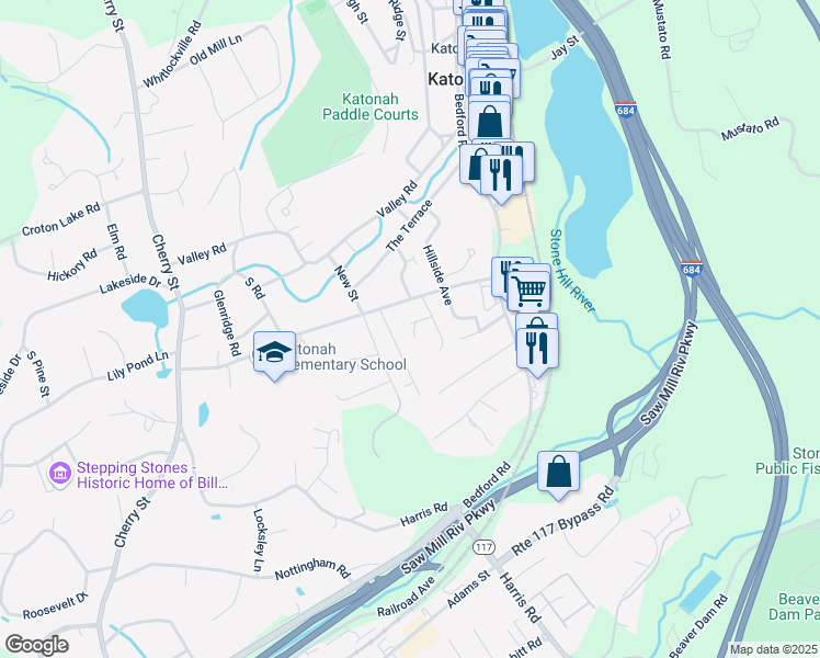 map of restaurants, bars, coffee shops, grocery stores, and more near 15 McQueen Street in Katonah