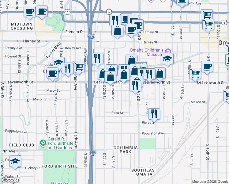 map of restaurants, bars, coffee shops, grocery stores, and more near 2567 Marcy Street in Omaha