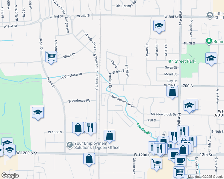 map of restaurants, bars, coffee shops, grocery stores, and more near 734 Century Drive in Ogden