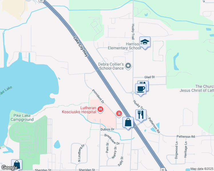 map of restaurants, bars, coffee shops, grocery stores, and more near Lake City Highway in Warsaw