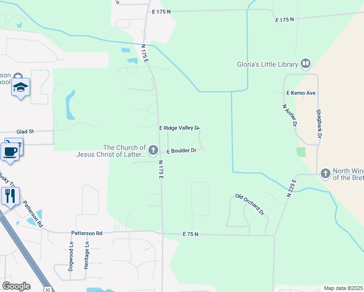 map of restaurants, bars, coffee shops, grocery stores, and more near 1838 E Boulder Dr in Warsaw