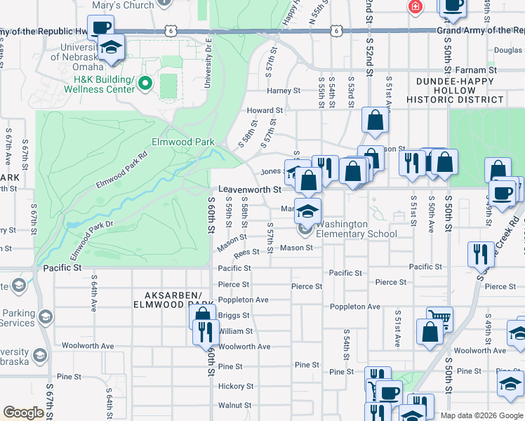 map of restaurants, bars, coffee shops, grocery stores, and more near 5703 Marcy Street in Omaha