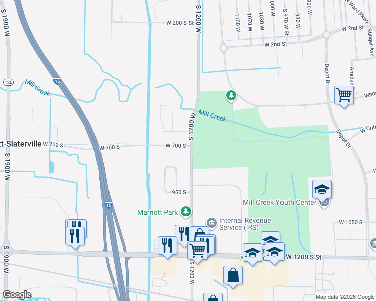 map of restaurants, bars, coffee shops, grocery stores, and more near 711 South 1200 West in Marriott-Slaterville