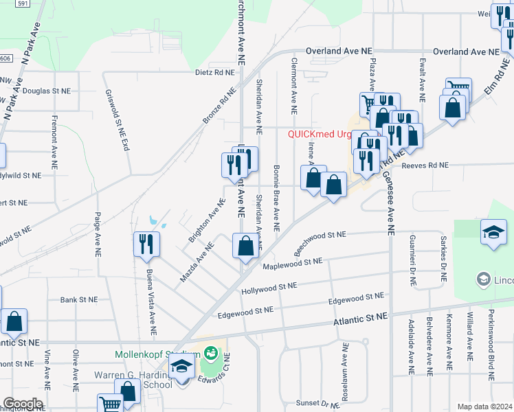 map of restaurants, bars, coffee shops, grocery stores, and more near 1594 Sheridan Avenue Northeast in Warren