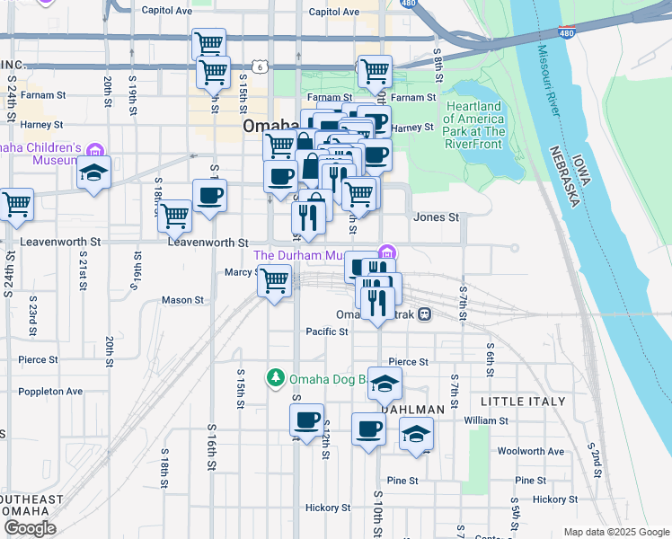 map of restaurants, bars, coffee shops, grocery stores, and more near in Omaha