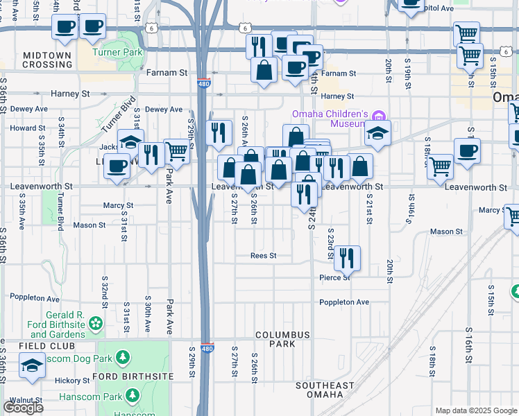 map of restaurants, bars, coffee shops, grocery stores, and more near 2567 Marcy Street in Omaha