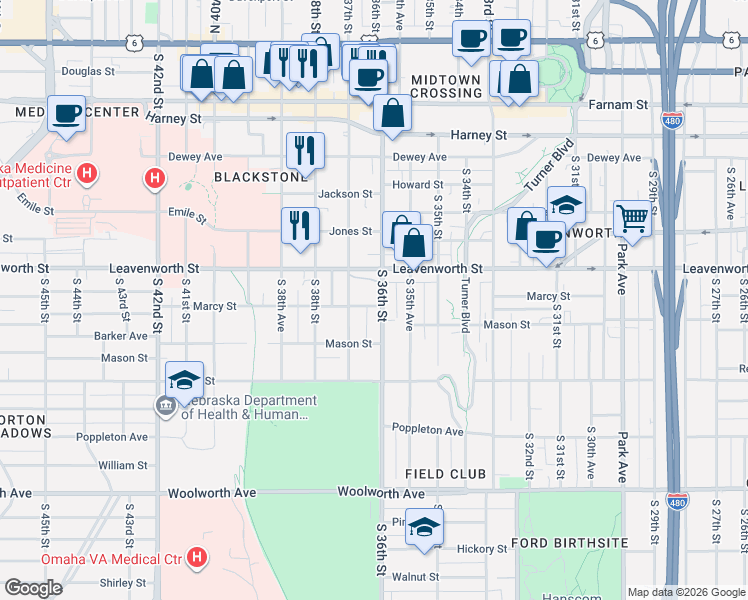 map of restaurants, bars, coffee shops, grocery stores, and more near 3612 Marcy Street in Omaha