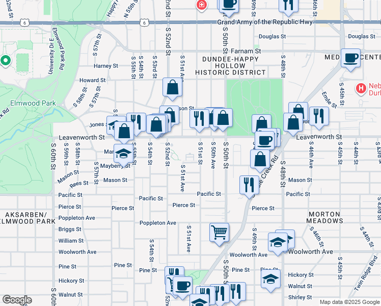 map of restaurants, bars, coffee shops, grocery stores, and more near 825 South 51st Street in Omaha