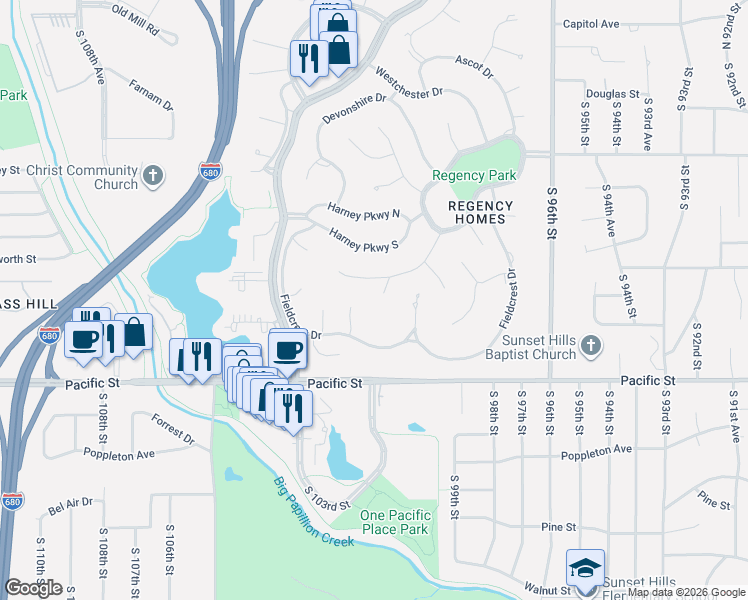 map of restaurants, bars, coffee shops, grocery stores, and more near 9962 Fieldcrest Drive in Omaha