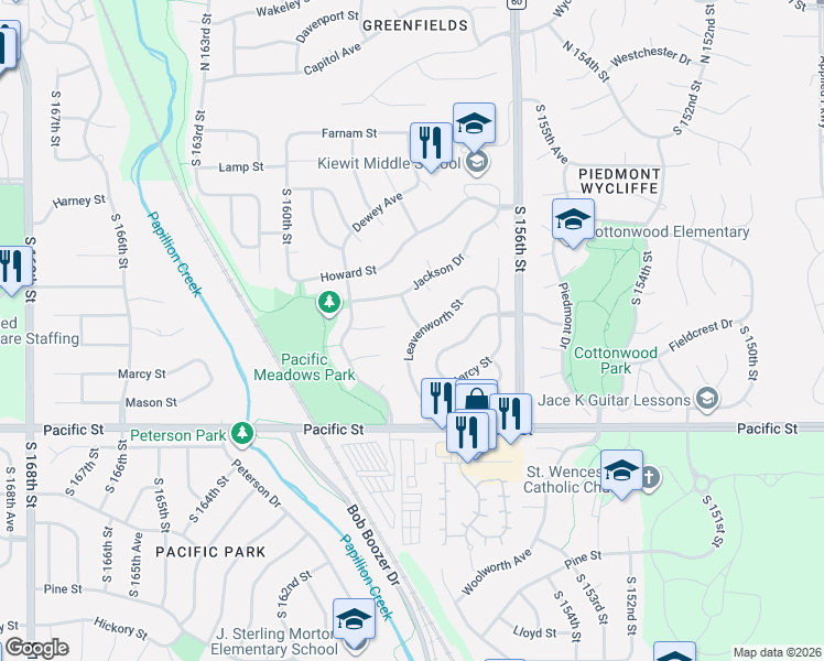 map of restaurants, bars, coffee shops, grocery stores, and more near 15806 Leavenworth Street in Omaha