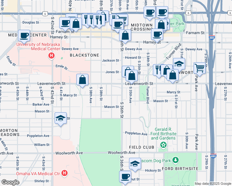 map of restaurants, bars, coffee shops, grocery stores, and more near 3612 Marcy Street in Omaha