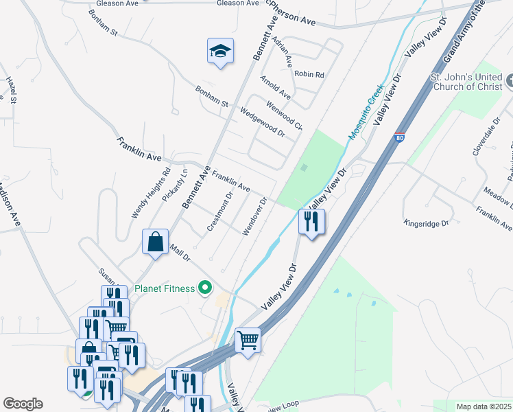map of restaurants, bars, coffee shops, grocery stores, and more near 164 Wendover Drive in Council Bluffs
