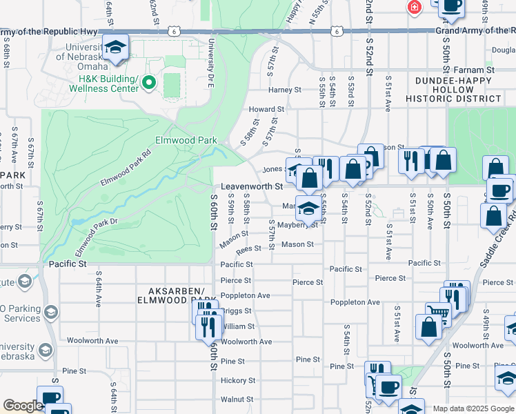 map of restaurants, bars, coffee shops, grocery stores, and more near 5707 Marcy Street in Omaha