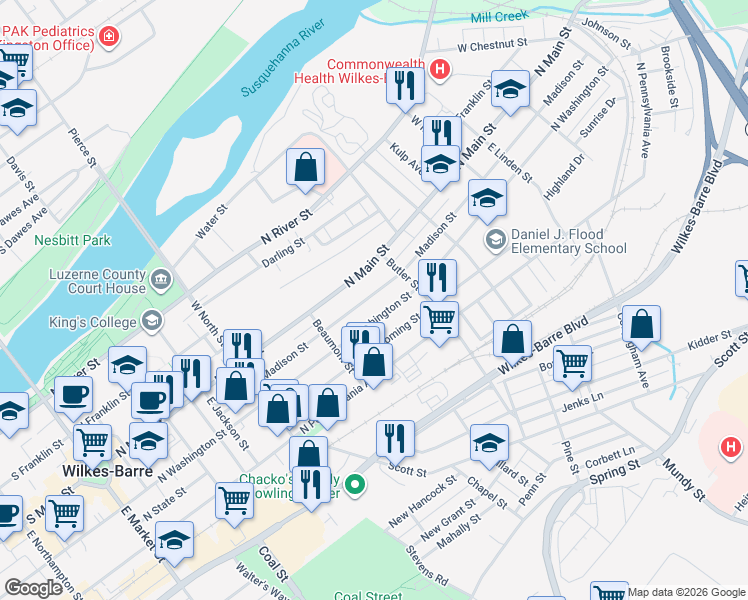 map of restaurants, bars, coffee shops, grocery stores, and more near 169 Madison Street in Wilkes-Barre