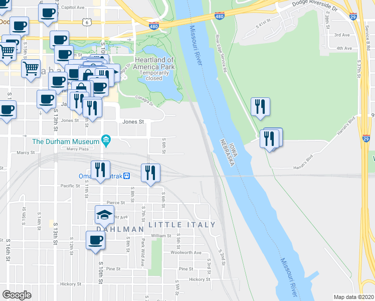 map of restaurants, bars, coffee shops, grocery stores, and more near 505 Marcy Street in Omaha