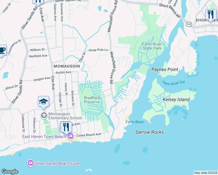 map of restaurants, bars, coffee shops, grocery stores, and more near 144 Mansfield Grove Road in East Haven