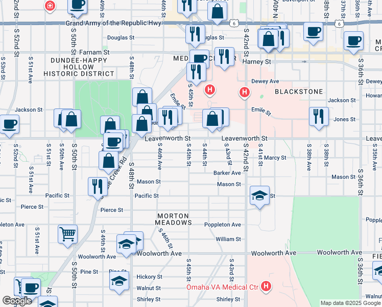 map of restaurants, bars, coffee shops, grocery stores, and more near 4425 Marcy Street in Omaha