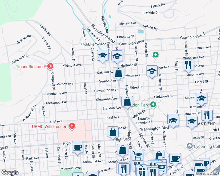 map of restaurants, bars, coffee shops, grocery stores, and more near 400 Hawthorne Avenue in Williamsport