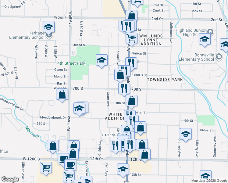 map of restaurants, bars, coffee shops, grocery stores, and more near 719 South 350 East Street in Ogden