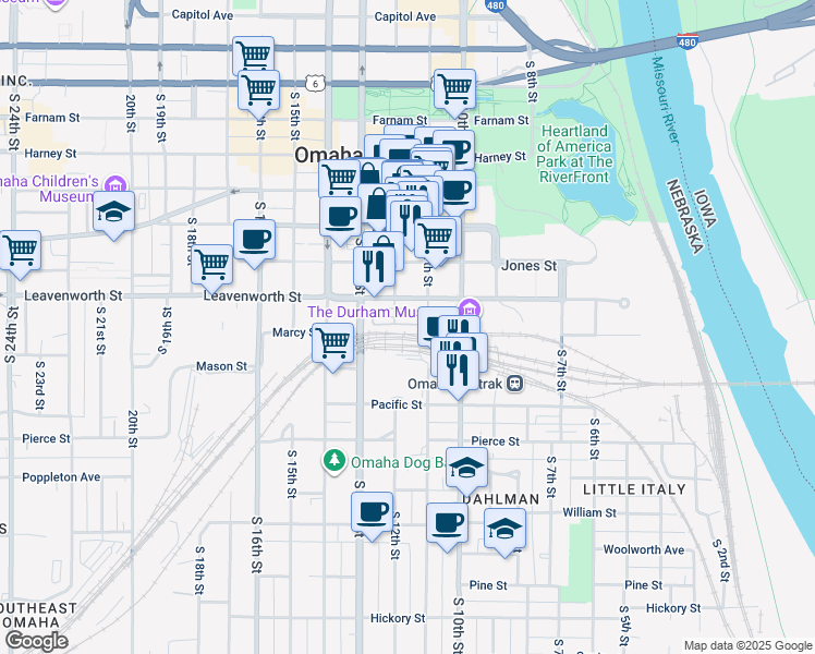 map of restaurants, bars, coffee shops, grocery stores, and more near in Omaha