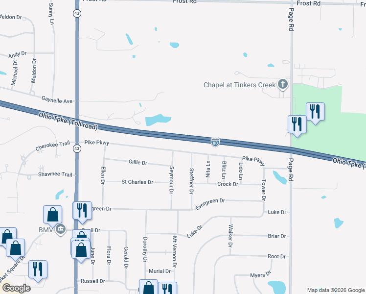 map of restaurants, bars, coffee shops, grocery stores, and more near 1605 Pike Parkway in Streetsboro