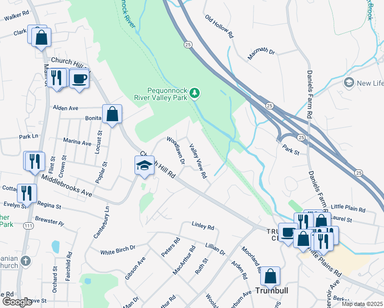 map of restaurants, bars, coffee shops, grocery stores, and more near 40 Valley View Road in Trumbull